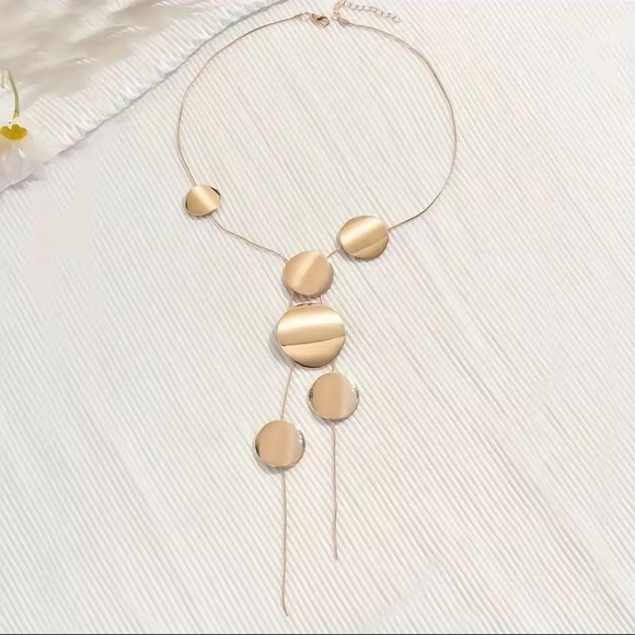 Gold Geometric Disc Pendant Necklace – Statement Long Layered Jewelry - Picture 3 of 8